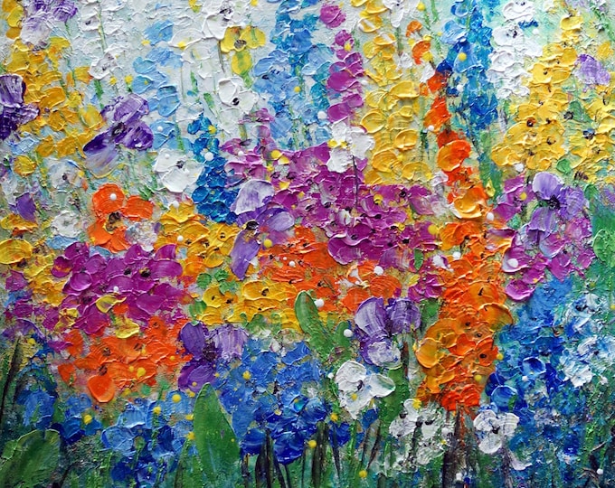 Abundance of Blooming Wild Flowers on the Meadow at Summertime Original Oil Painting on Canvas Colorful Floral Art