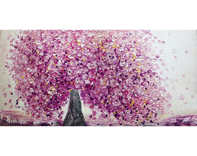 Pink Cherry Blossom Original Painting Impasto Beautiful Unique Pollock Style BLOOMING TREE Large Canvas