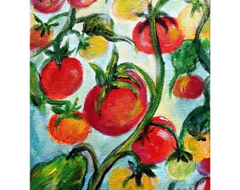 Cherry Tomatoes on the Vine, Food Art, Kitchen Decor, Vegetables Oil Painting, Red Yellow Mini Tomatoes Wall Decor