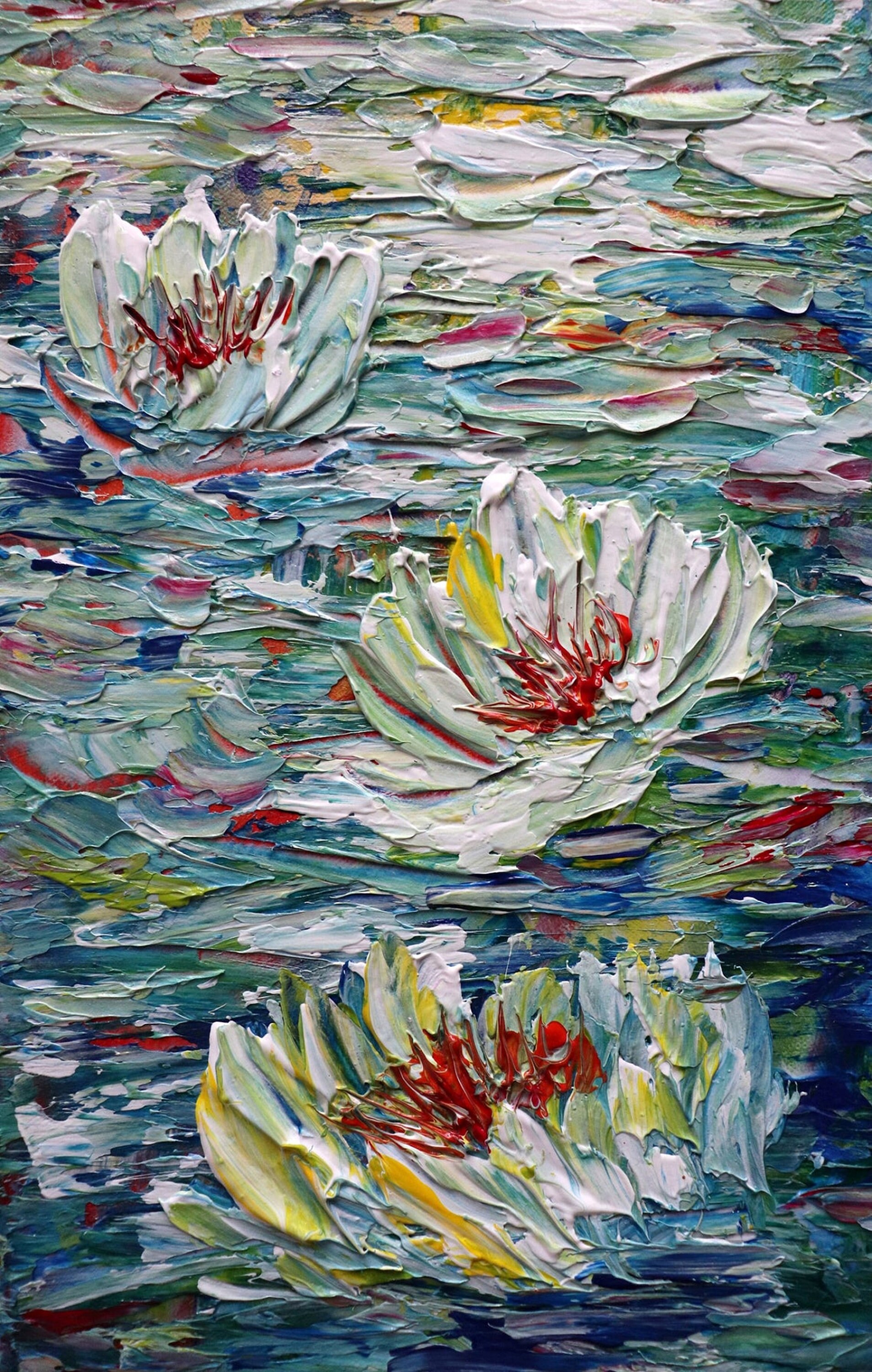 Original Canvas Painting, Large Wall Art 40x40cms, Vibrant Water Lilies,  Acrylic Textured With Palette Knife on Canvas Board, Unframed, 