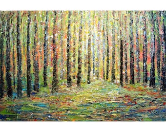Birch Tree Grove Painting, Textured Impasto Landscape, Large Canvas