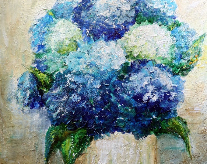 Hydrangeas Blue Summer Bouquet White Vase Original Oil Painting on Canvas Art by Luiza Vizoli