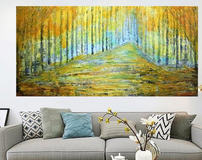 Large Abstract Forest Painting 48x24, In the Golden Forest, Original artwork