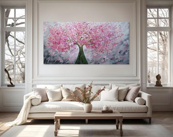 Cherry Blossom Painting Pink Sakura Abstract Wall Art Large Spring Canvas Original