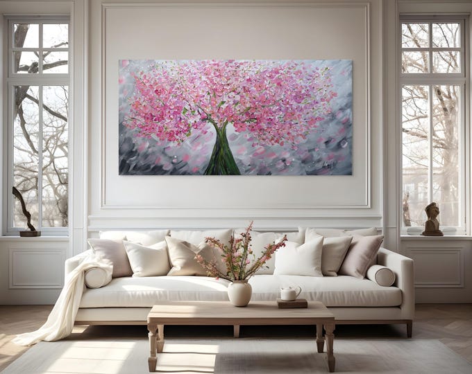 Cherry Blossom Painting Pink Sakura Abstract Wall Art Large Spring Canvas Original