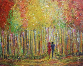 Dressed in Red Acrylic Painting: Couple in Autumn Forest, Palette Knife Texture (36" x 24")