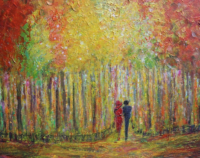 Dressed in Red Acrylic Painting: Couple in Autumn Forest, Palette Knife Texture (36" x 24")