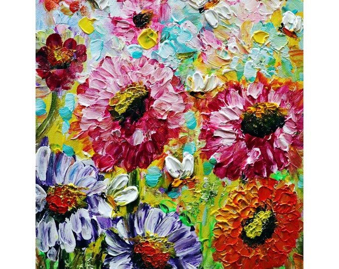 Summer Flowers Bees and Butterflies Impasto Oil Painting on Canvas