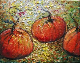 Pumpkins and Fall Leaves Autumn Time – Original Oil Impasto Painting