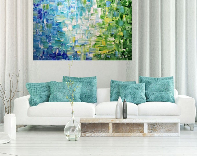 FRESH AIR Springtime Original Large Painting Oil Impasto Blue Green Aqua White Color Meditation Relaxation 48x30, 48x36, 60x36