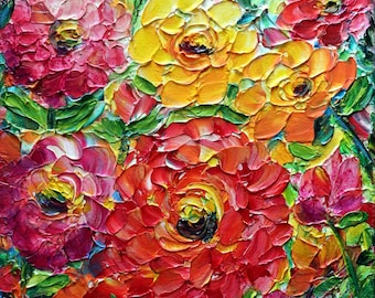 Zinnia Roses Painting: Colorful Summer Floral Impasto Art