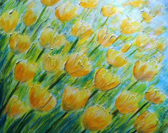 YELLOW TULIPS 36x36 Canvas Spring Blue Sky Flowers ORIGINAL Oil Painting Palette Impasto Textured Flowers Art by Luiza Vizoli