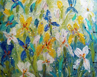 IRIS Blossom in Motion FLOWERS Original Extra Large Painting Abstract White Blue Green Aqua Turquoise Floral Ready to Ship