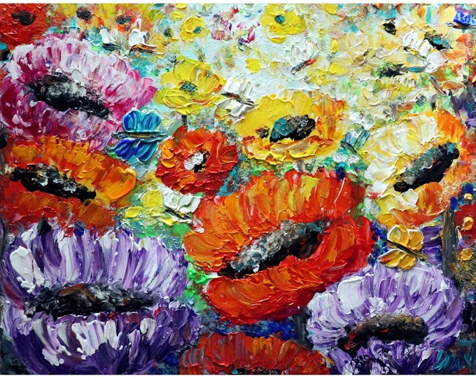 Summer Poppy Flowers Bees and Butterflies Original Modern Impressionist Oil Painting by Luiza Vizoli