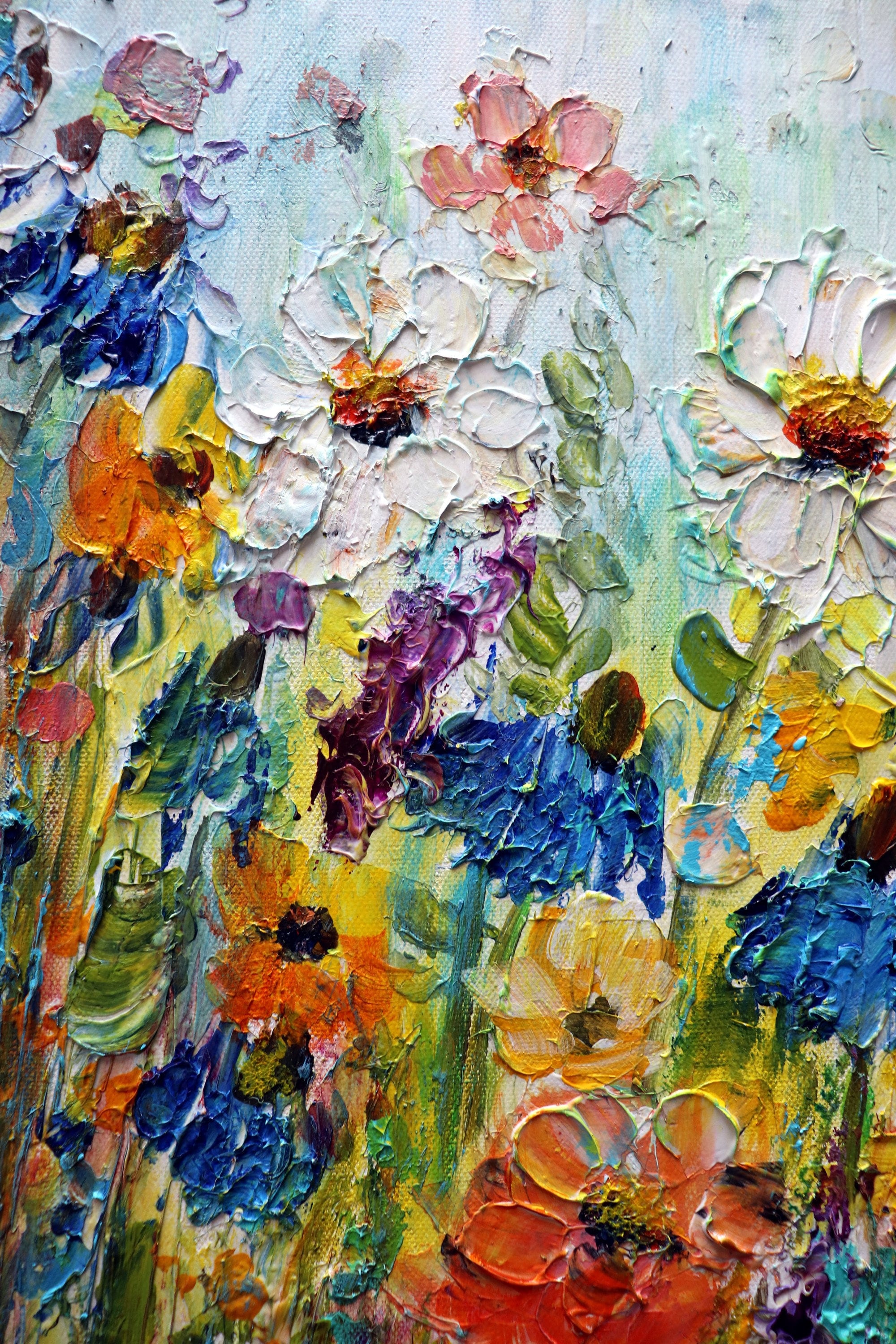 COUNTRY ZINNIAS CORNFLOWERS Original Oil Painting Square Canvas Flowers  Landscape Art by Luiza Vizoli