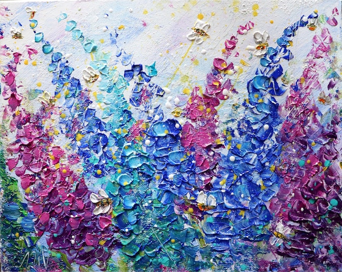 Lupine Flowers Garden in Bloom Bees and Butterflies Original Painting Impasto Art by Luiza Vizoli