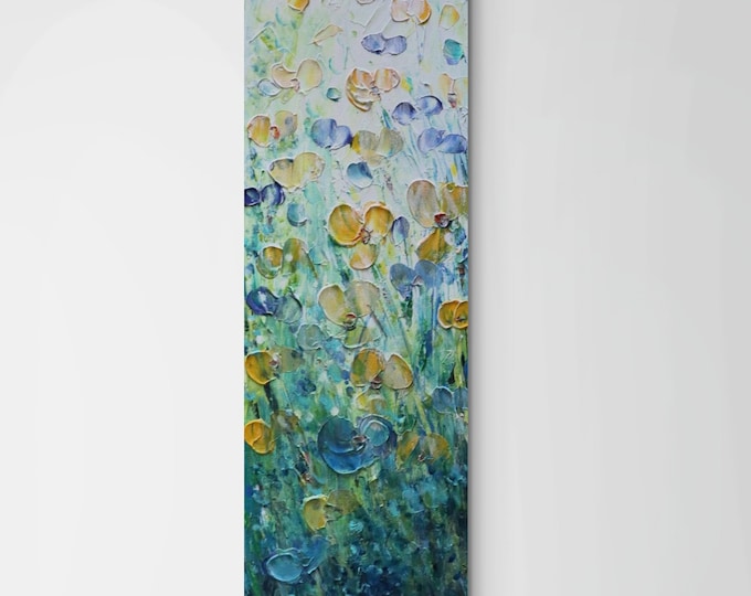 Original Textured Wildflower Painting 8x24, Abstract Floral Canvas Art, Blue Yellow Daisies