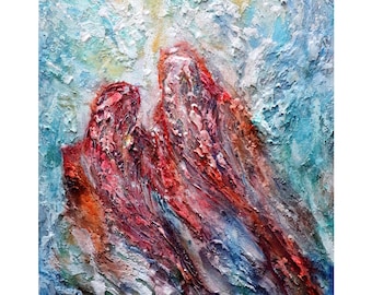 Lucky Red Koi Fish Pair Original Vertical Oil Painting Swimming Together in Harmony on Vertical Canvas