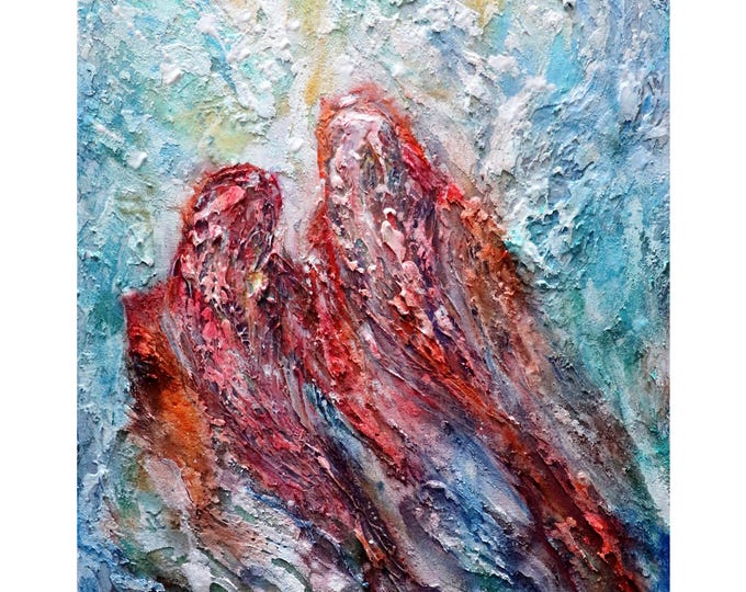 Lucky Red Koi Fish Pair Original Vertical Oil Painting Swimming Together in Harmony on Vertical Canvas