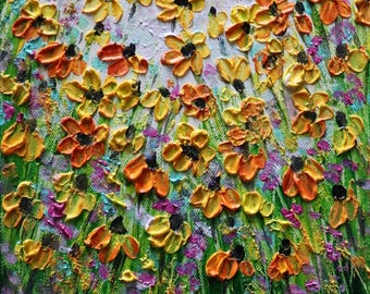 Yellow Orange Cornflowers & Black Eyed Susan Wildflowers Original Oil Painting
