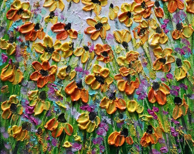 Yellow Orange Cornflowers & Black Eyed Susan Wildflowers Original Oil Painting