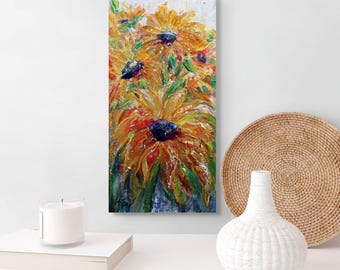 Textured Sunflower Painting: Palette Knife Oil & Acrylic Art on Canvas