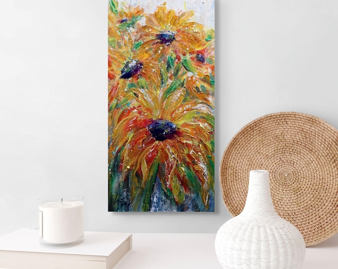 Original Textured Sunflower Painting Palette Knife Oil Acrylic Art on Canvas by Luiza Vizoli Happy Sunflowers in the Wind , signed