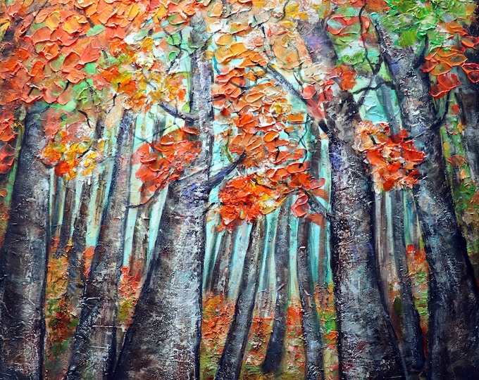 Changing Colors Orange Glow Leaves Looking Up Gorgeous FALL Birch Trees Original Painting Large Canvas