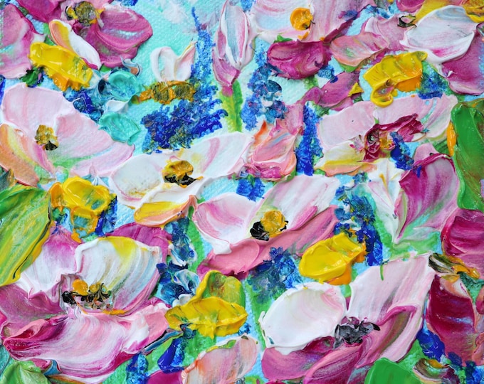 Petunia Flower Artwork, Impressionist Floral Wall Art, Pink Wildflowers Bees Oil Painting, Colorful Meadow Flower Painting, Original Decor