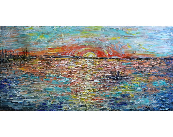 Sunset on the Lake Fishing Boat Original Oil Painting Impasto Textured Colorful Art on Large Canvas Art by Luiza Vizoli