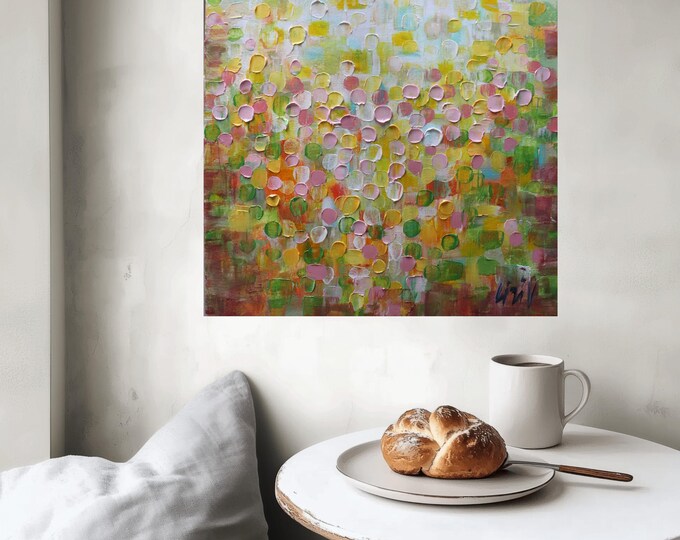French Vacation Abstract Oil Painting 24x24 Textured Rustic Pink Yellow Copper Signed COA