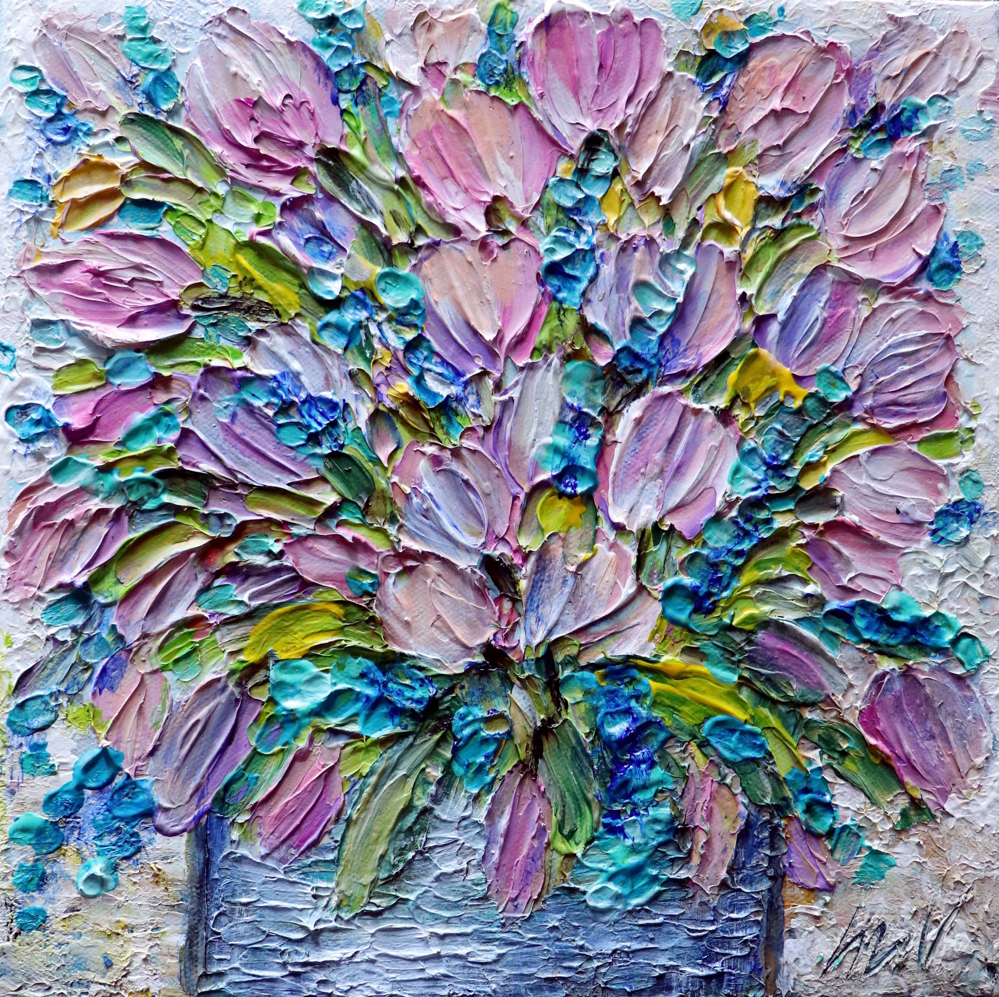 Pink TULIPS Flowers Bouquet in a Vase Original Oil Painting Impasto ...