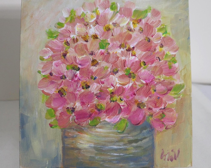 Pink Flower Painting, 8x8 Oil on Canvas Panel, Original Signed Art