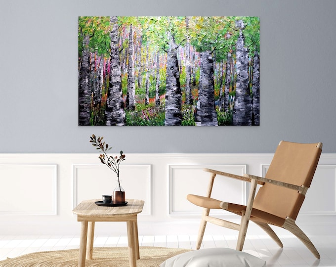 Spring Awakening Aspen Forest in Bloom Original Oil Painting Colorful Textured Palette Impasto Signed