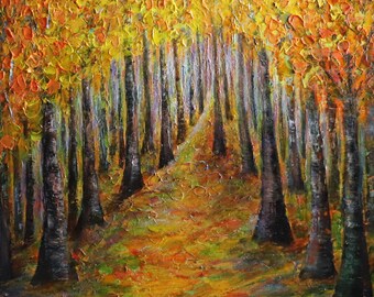 Fall Forest Oil Painting – Autumn Trees Mist Original Textured Canvas by Luiza Vizoli