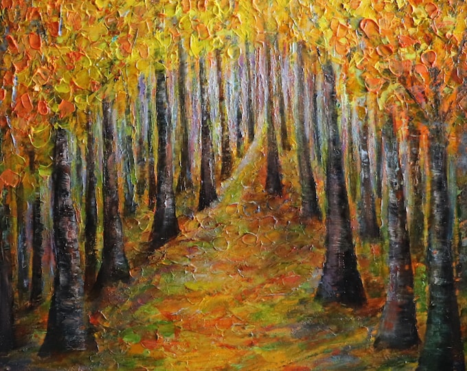 Fall Forest Oil Painting – Autumn Trees Mist Original Textured Canvas by Luiza Vizoli