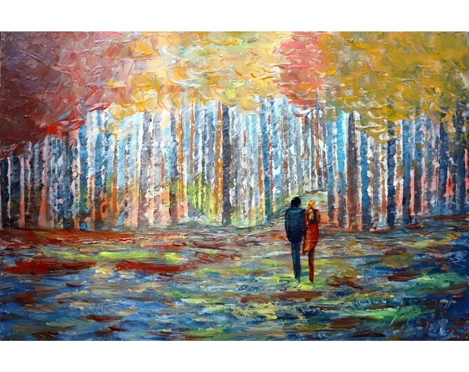Autumn Landscape Oil Painting – Original Birch Trees Artwork, Couple Walking Fall Path, Large Abstract Wall Art by Luiza Vizoli 36x24