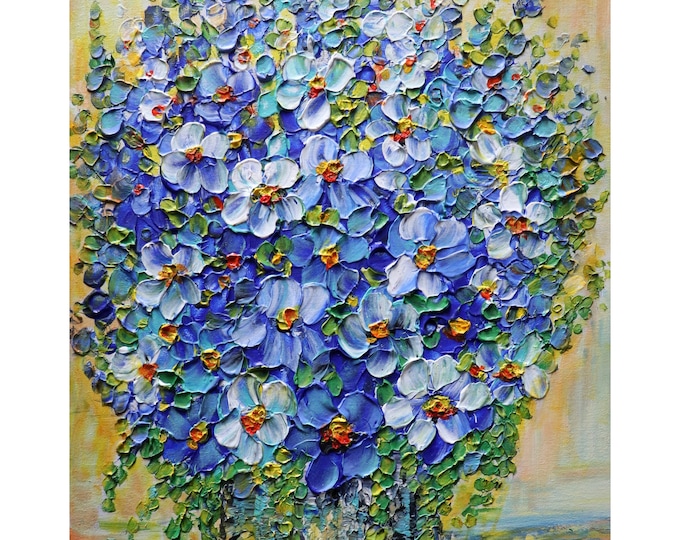 BLUE Flowers Delphinium Orchids Wildflowers Beach Stone Gray Vase Impasto Painting