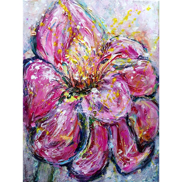Morning Dew Wildflower in shades of Pink: Original Oil Painting on Canvas
