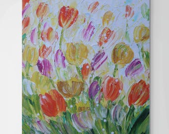 Tulip Flower Painting Original Floral Wall Art, Textured Impasto Spring Flowers Canvas 20x24