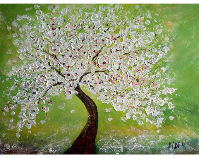 Bonsai Tree Large Painting White Pink Flowering Tree Spring Green Grass Original Art by Luiza Vizoli