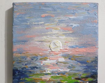 Blush Sunset Painting, 6x6 Original Seascape, Textured Ocean Art
