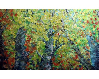 Fall Birch Trees Forest Extra Large Canvas Original Oil Painting Colorful Impasto Textured Art by Luiza Vizoli