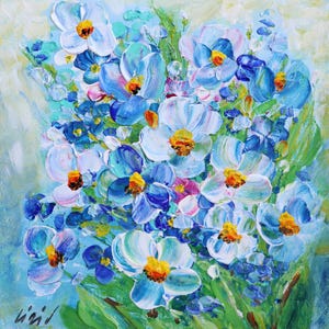 Forget Me Not Oil Painting: Impressionist Floral Bouquet on Canvas