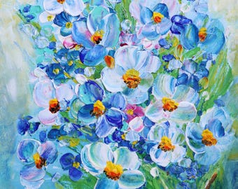 Flower Artwork, Forget Me Not Impressionist Oil Painting of Floral Bouquet, Home Decor Wall Art, Gift for Flower Lovers