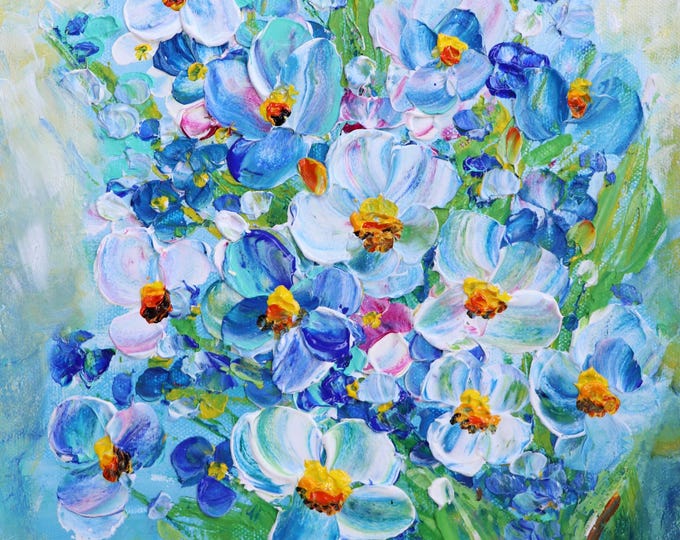 Flower Artwork, Forget Me Not Impressionist Oil Painting of Floral Bouquet, Home Decor Wall Art, Gift for Flower Lovers