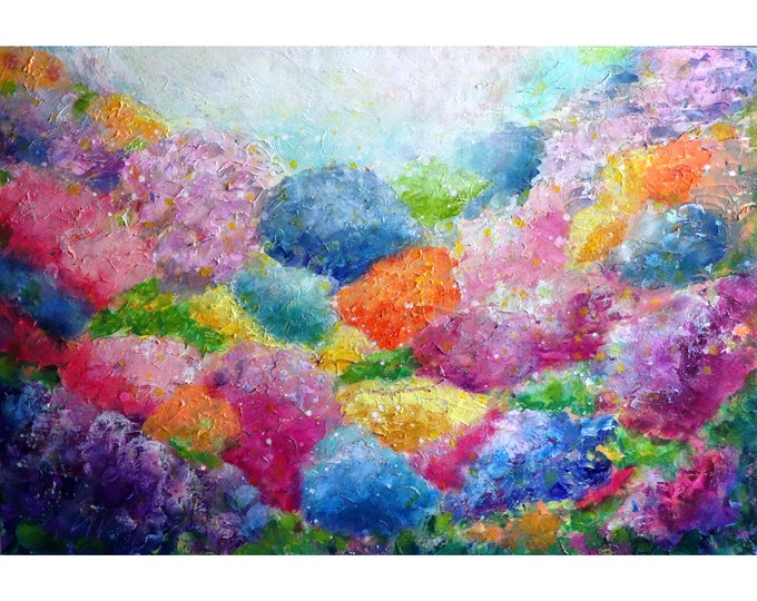 Summer Symphony Hydrangea Haven Colorful Flowers Oil Impasto Original Painting Large Canvas