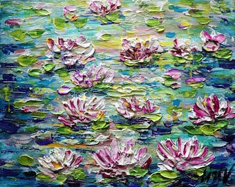 Pink Lotus Flowers Oil Painting, Water Lily Pond Scene in Impasto Style