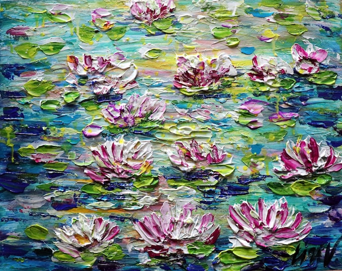Pink Lotus Flowers Oil Painting, Water Lily Pond Scene in Impasto Style