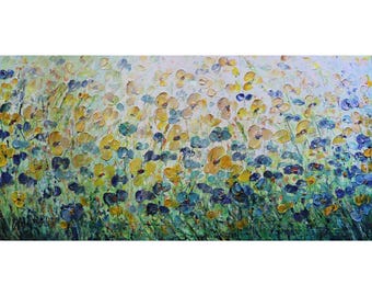 Large Wildflower Meadow Painting, Textured Floral Wall Art, Colorful Daisy Field, Impressionist Garden Canvas